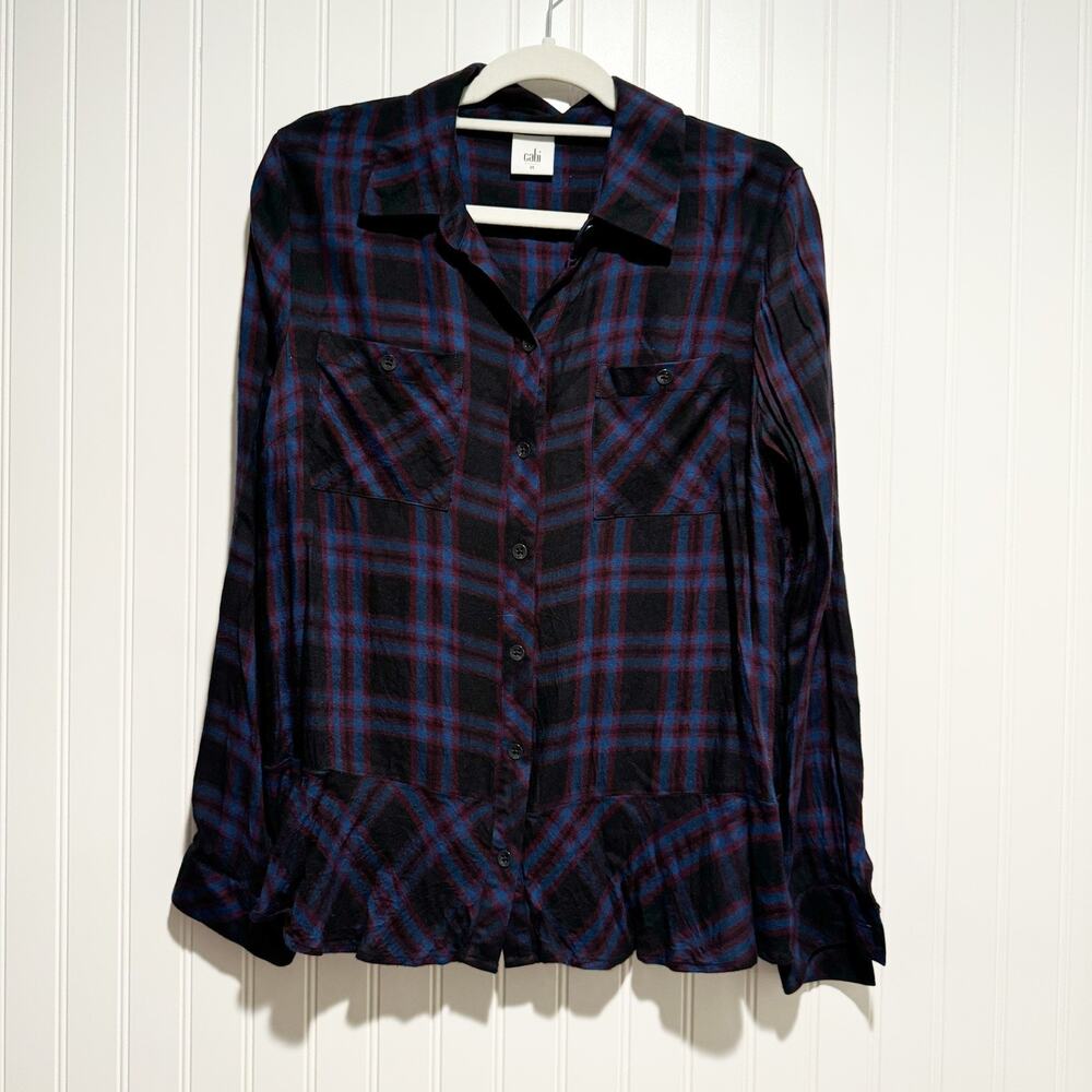 Cabi Plaid Peplum Button Up Blouse Navy Blue Maroon Size Medium